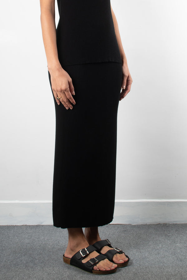 Knit Ribbed Long Skirt | Black