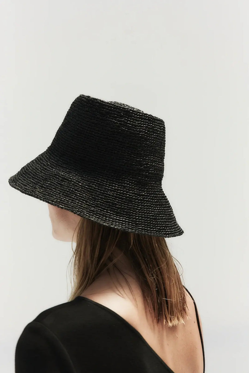 Black straw top bucket hat