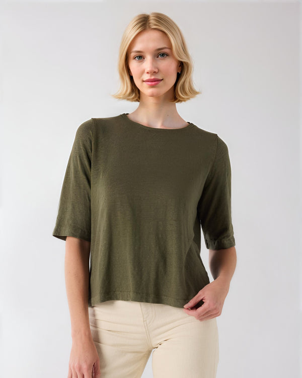 Stretch Linen Elbow Sleeve Button Back Crewneck | Lichen