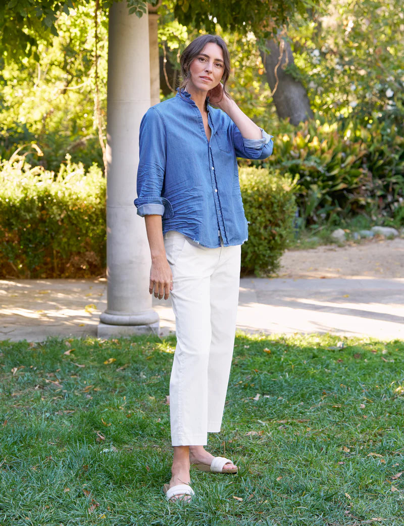 woman wearing Woman wearing Frank & Eileen Eileen Ruffle in Vintage Stonewashed Indigo outdoors well heeled stowe vt