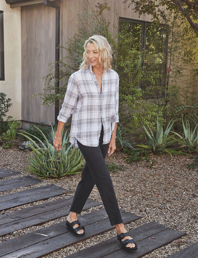 Eileen Linen Button Down I Grey Sand Plaid