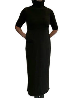 woman wearing Lamberto Losani Cashmere T Neck Elbow Sleeve Dress in Dark Blue on white background well heeled vermont