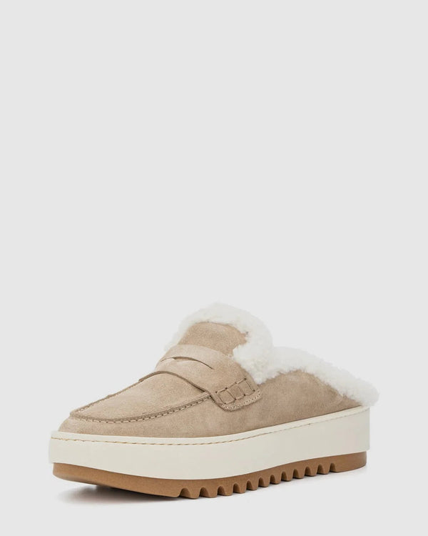 Aquatalia Amata Shearling Slide in Ecru Suede well heeled stowe vt