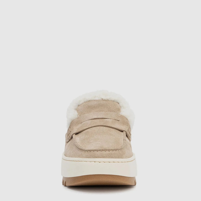 Aquatalia Amata Shearling Slide in Ecru Suede well heeled stowe vt