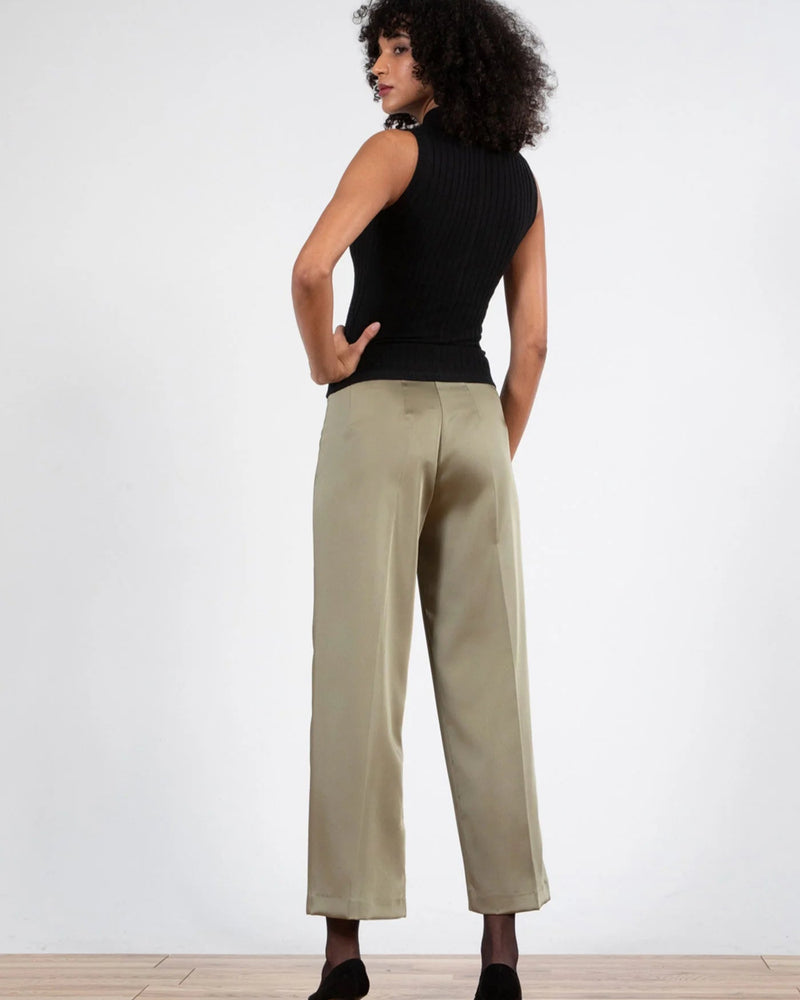 back view woman wearing Avenue Montaigne Alex Crop Wide Leg in Olive Satin