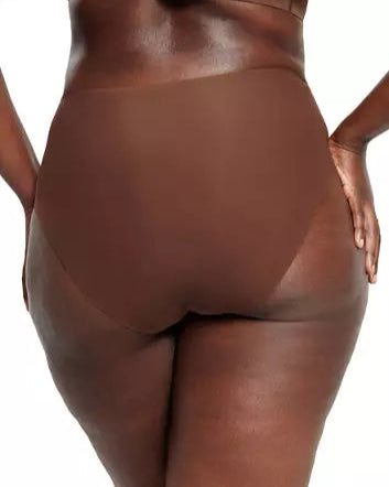 woman wearing Evelyn & Bobbie High Waisted Retro Bikini in Umber on white background backview