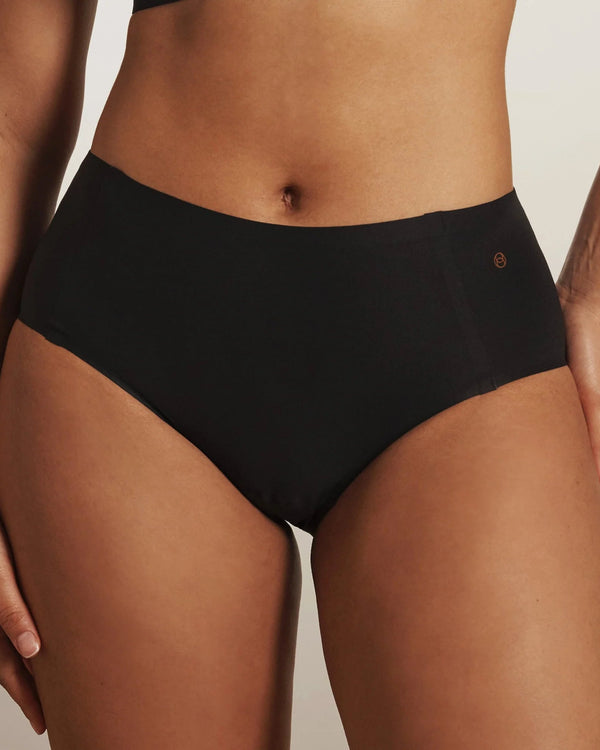 woman wearing Evelyn & Bobbie High Waisted Retro Bikini in Black on white background
