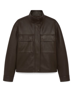 Grenn Pilot Clarissa Leather Jacket in Chocolate on white background well heeled boutique stowe vt