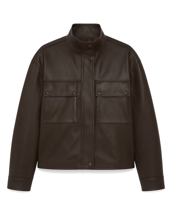 Grenn Pilot Clarissa Leather Jacket in Chocolate on white background well heeled boutique stowe vt