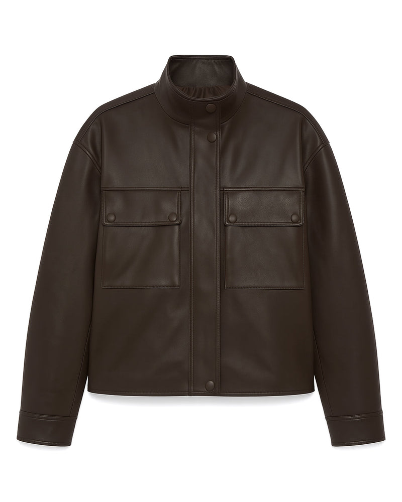 Grenn Pilot Clarissa Leather Jacket in Chocolate on white background well heeled boutique stowe vt