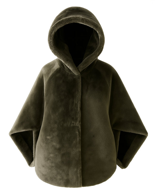 Grenn Pilot Colleen Cape shearling swing coat in Green Mist on white background well heeled stowe vt