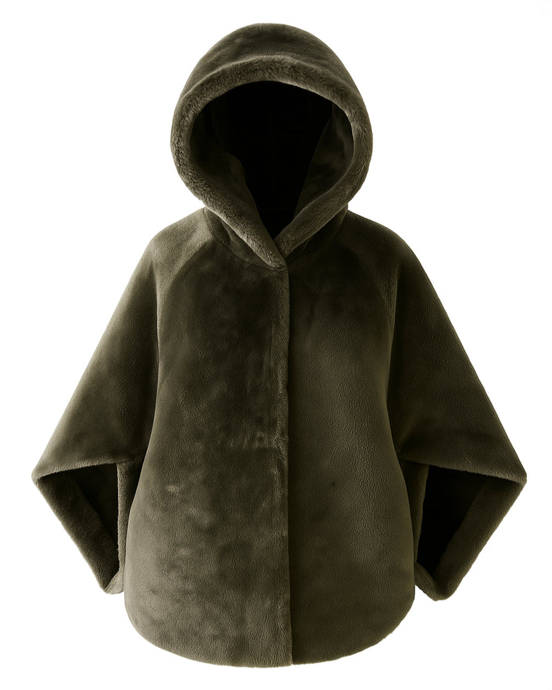 Grenn Pilot Colleen Cape shearling swing coat in Green Mist on white background well heeled stowe vt