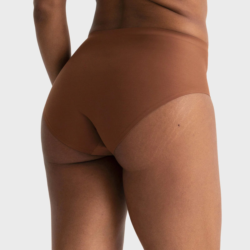 woman wearing Evelyn & Bobbie High Waisted Retro Bikini in Clay on white background backview