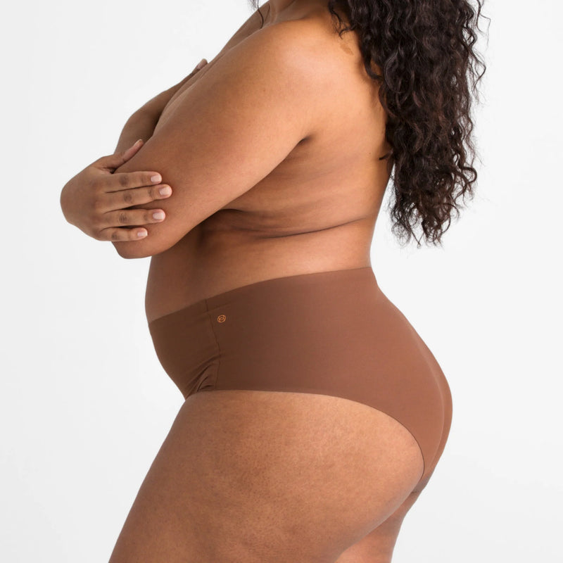 woman wearing Evelyn & Bobbie High Waisted Retro Bikini in Clay on white background well heeled stowe vt