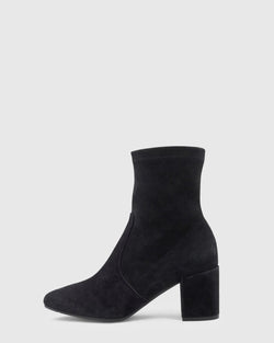 Aquatalia Demetra Bootie in Black on white background well heeled vt