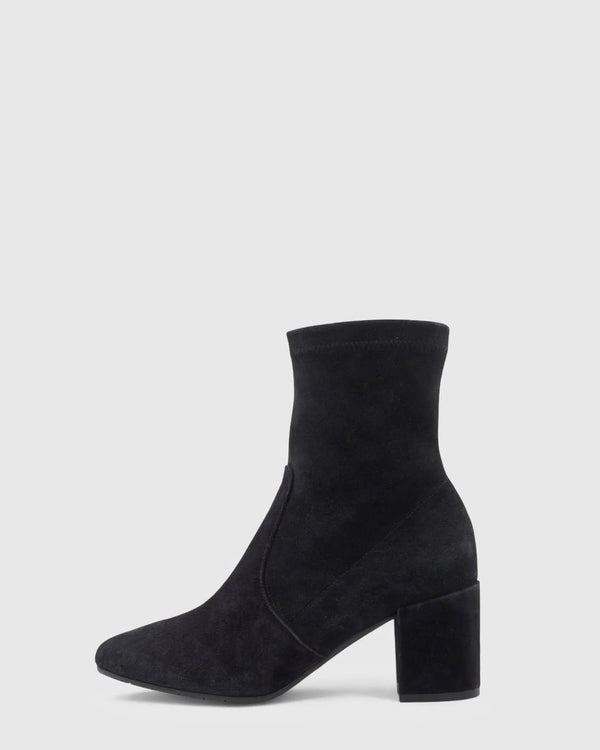 Aquatalia Demetra Bootie in Black on white background well heeled vt