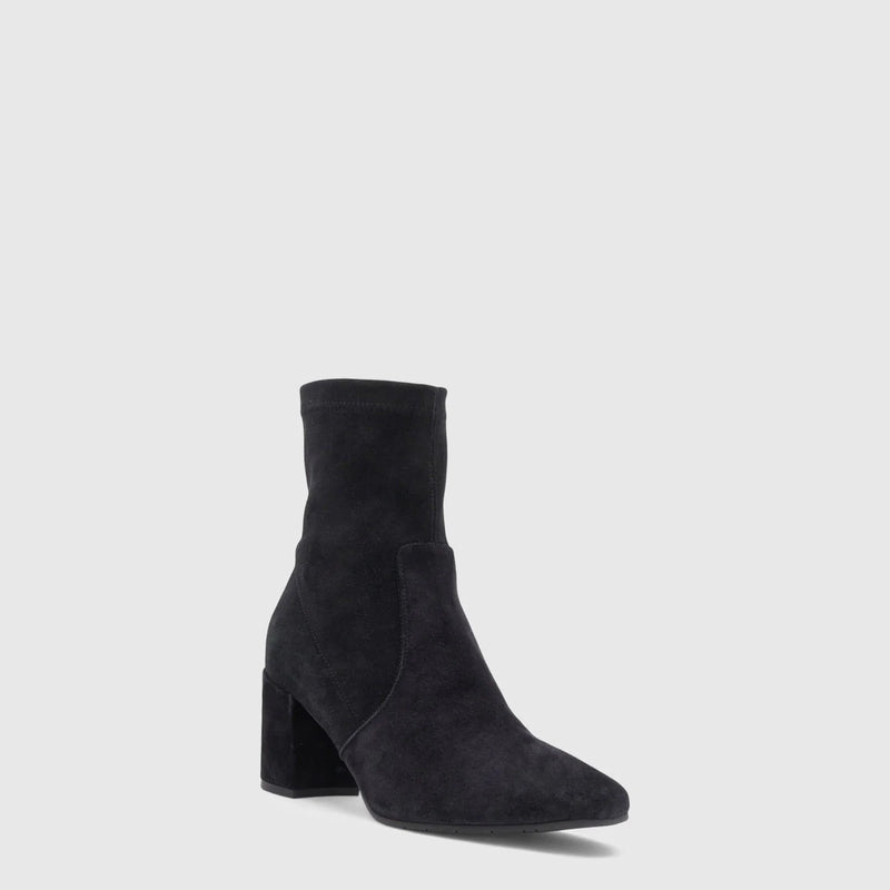 Aquatalia Demetra Bootie in Black on white background well heeled vt