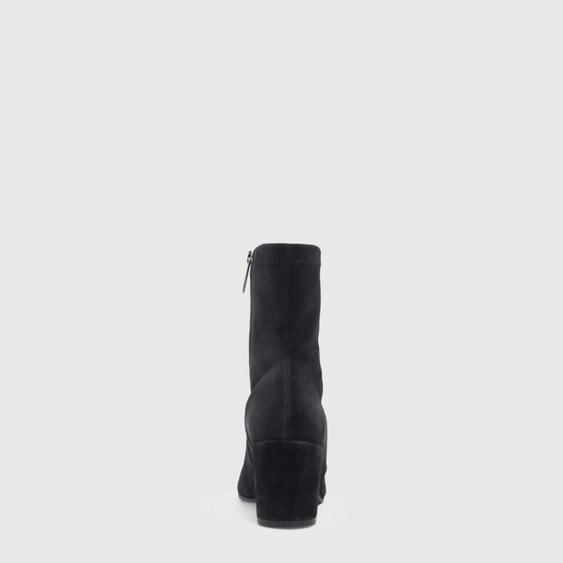 Aquatalia Demetra Bootie in Black on white background well heeled vt