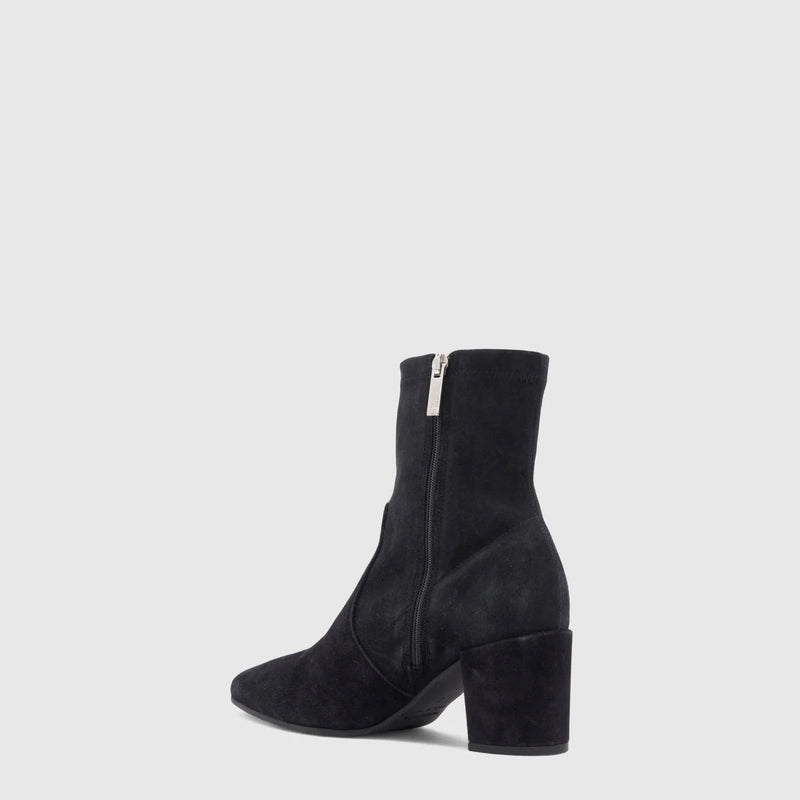 Aquatalia Demetra Bootie in Black on white background well heeled vt
