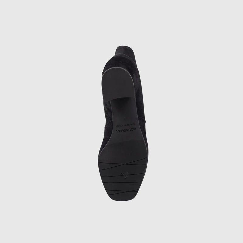 Aquatalia Demetra Bootie in Black on white background well heeled vt