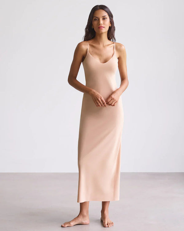 Woman wearing Commando Classic Maxi Slip in Nude against a white background well heeled boutique stowe vt