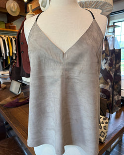 Grenn Pilot Kirby Leather Camisole in Taupe Suede on a mannequin well heeled stowe vt