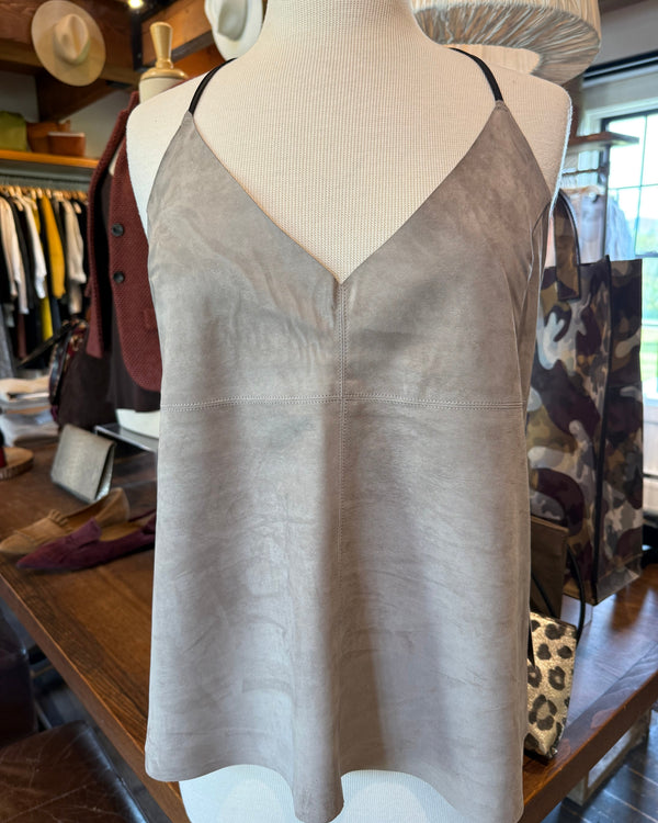 Grenn Pilot Kirby Leather Camisole in Taupe Suede on a mannequin well heeled stowe vt