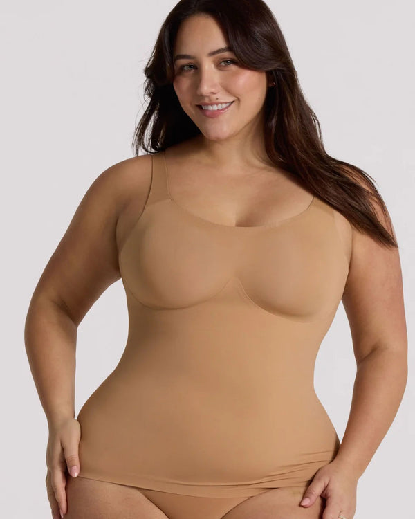 woman wearing Evelyn & Bobbie Structured Scoop Bra Cami in Mica white background well heeled boutique stowe vt