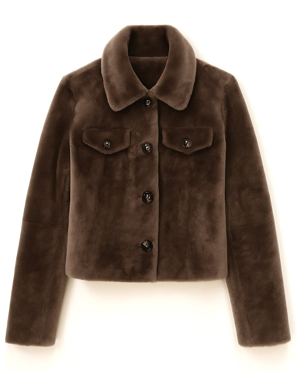 Grenn Pilot Felice shearling Jacket in Mocha on white background well heeled vermont