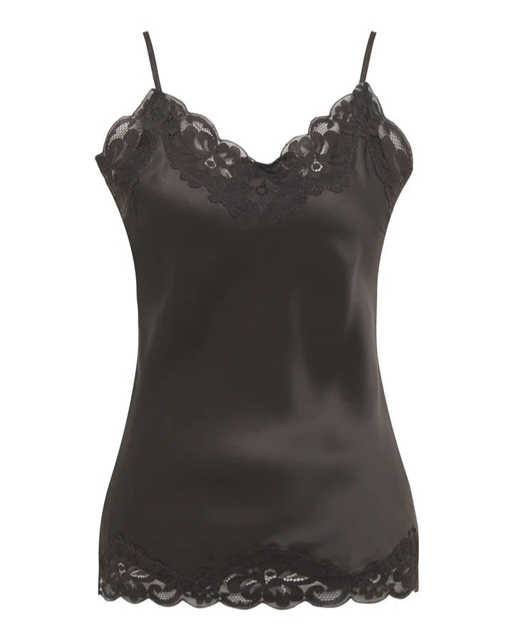 gold hawk Black satin camisole with lace trim at stowe vt boutique