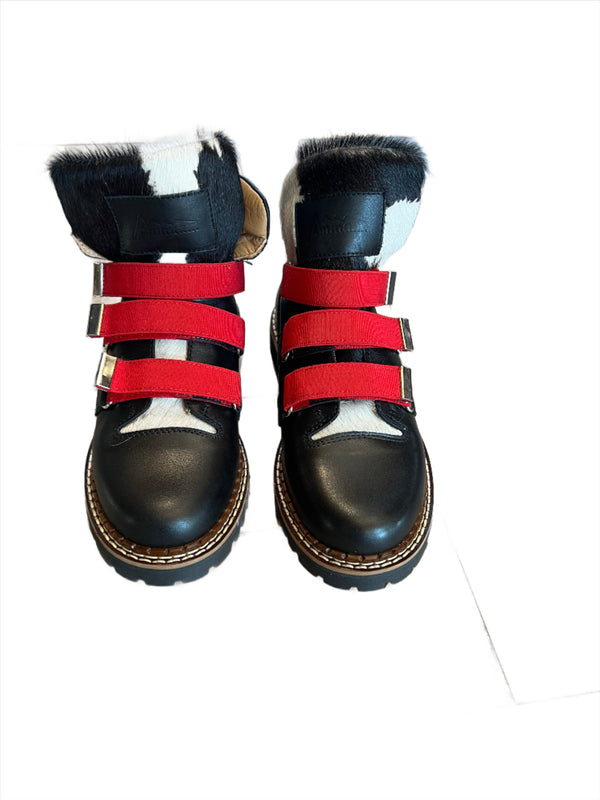 Lavin Hiker Black Leather with Black White Cowhide Red Straps
