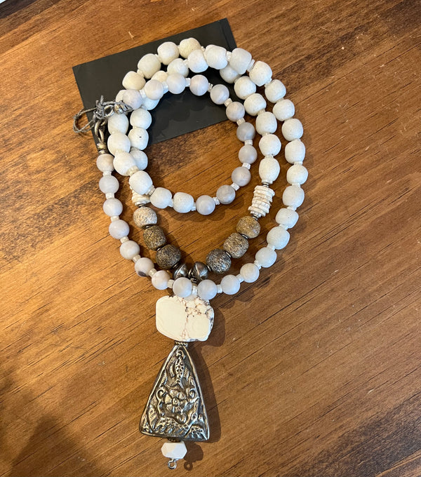 White Beads with Silver Pendant & Mammoth Bone