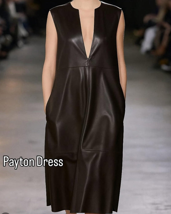 woman wearing Grenn Pilot Payton Leather Dress in Black on a runway well heeled boutique stowe vt