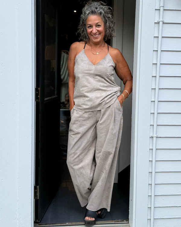 Olympia Wide Leather Pants - Taupe Suede