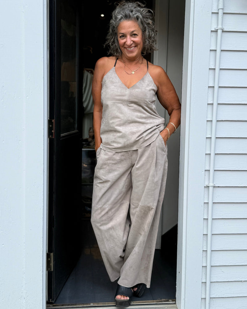 Olympia Wide Leather Pants - Taupe Suede