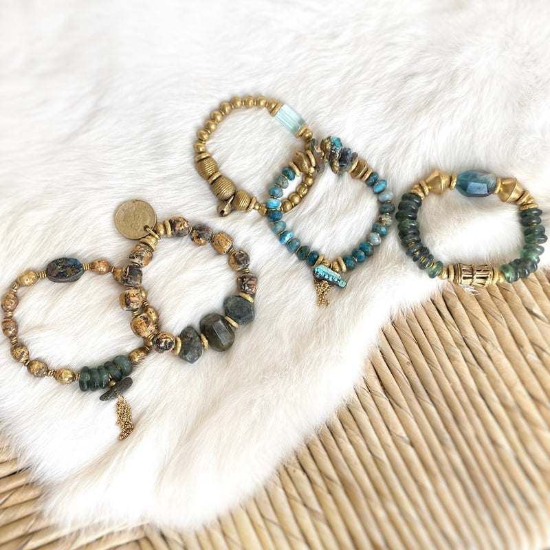Turquoise and Brass Stacked Bracelets
