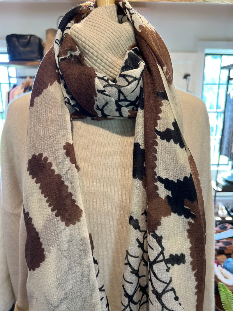 Printed Cashmere Scarf | Ivory, Black, & Wood Brown