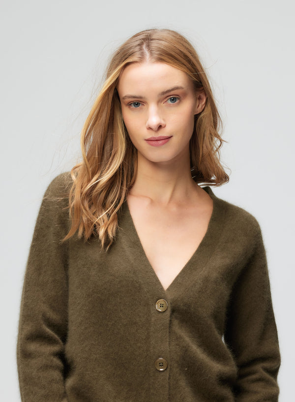 Soft Long Button Front Cardigan | Kaki