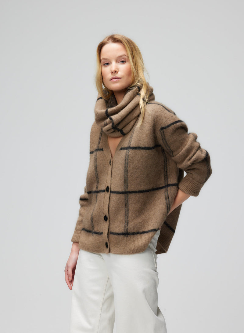 Windowpane Long Sleeve Button Cardigan | Bison Noir