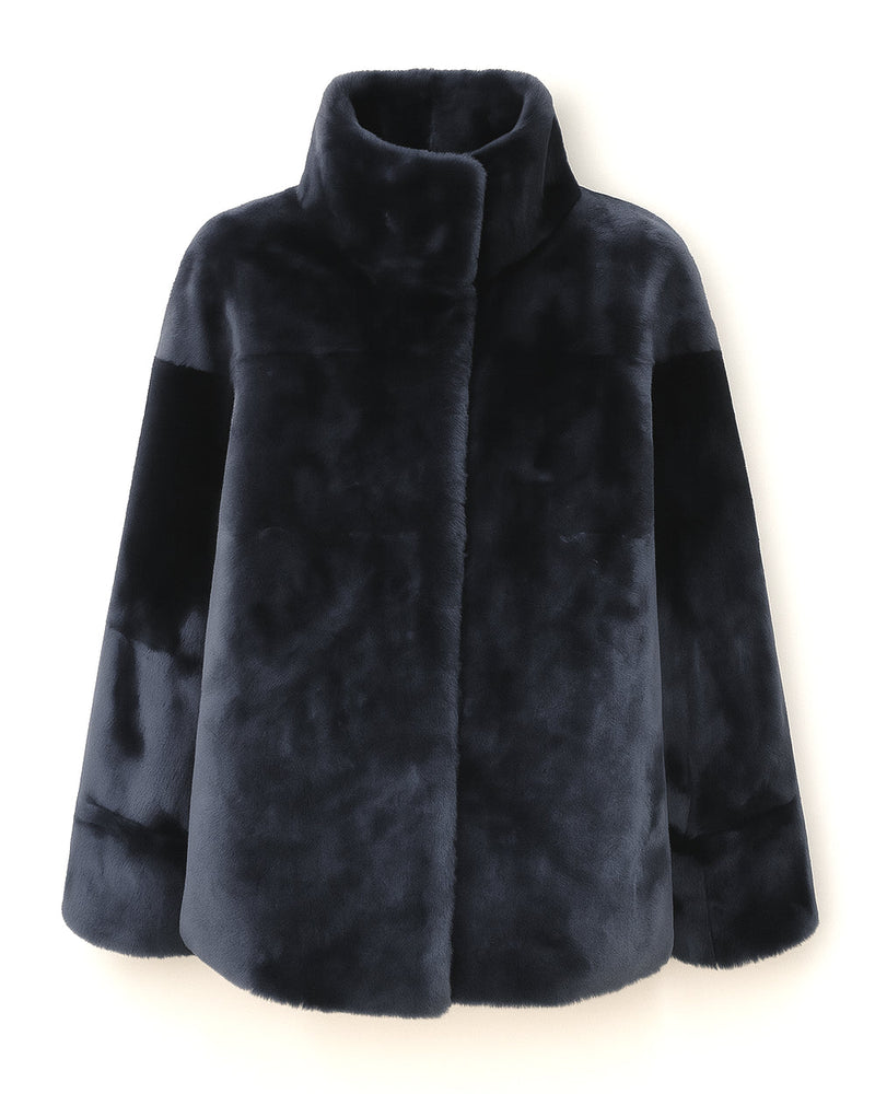 Grenn Pilot Kacey High Neck fur jacket Blue Grey on white background well heeled boutique vermont