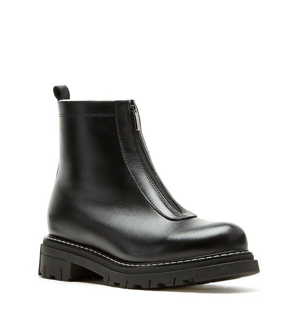 La Canadienne Delta Zip Bootie in Black Leather on white background well heeled vt