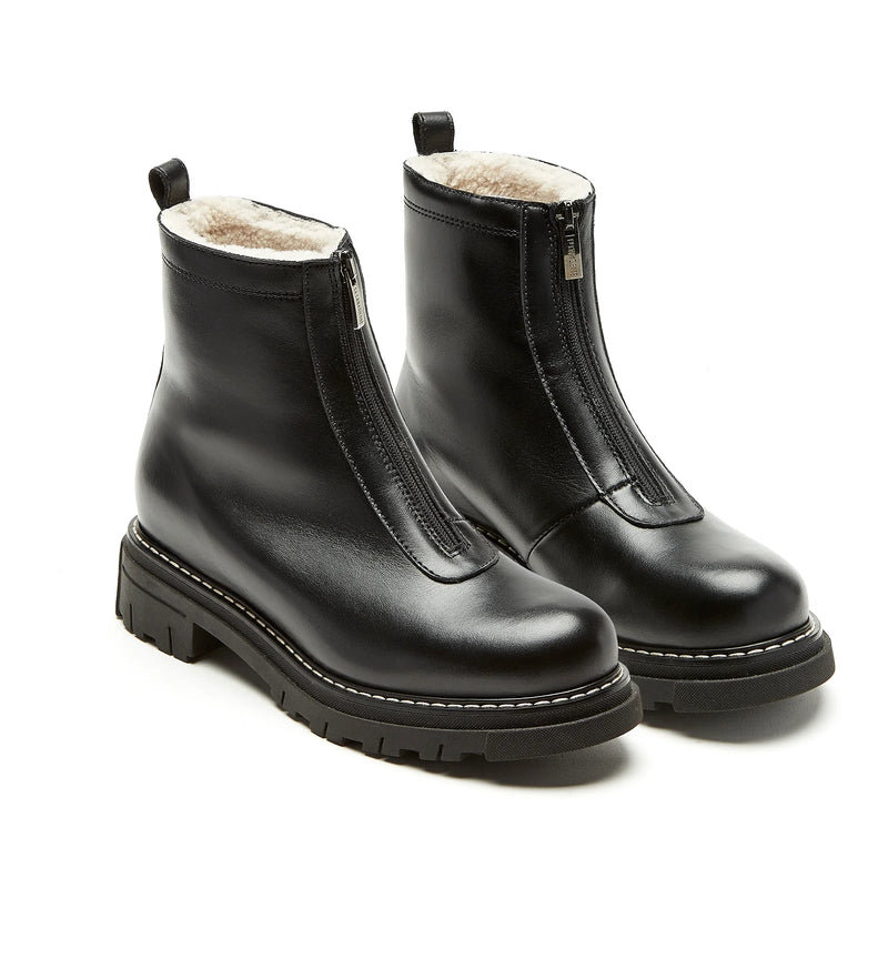 La Canadienne Delta Zip Bootie in Black Leather on white background well heeled vt