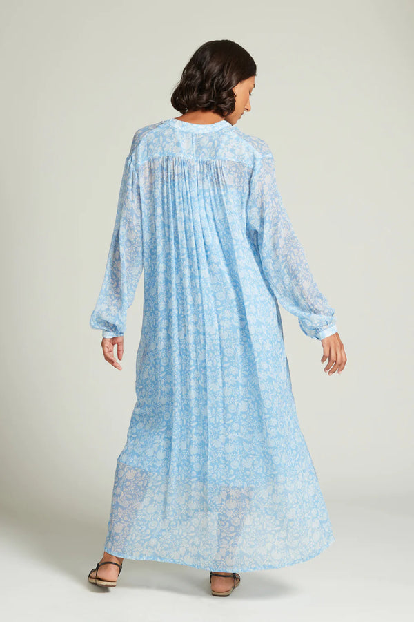 Baby Blue Floral Silk Peasant Dress