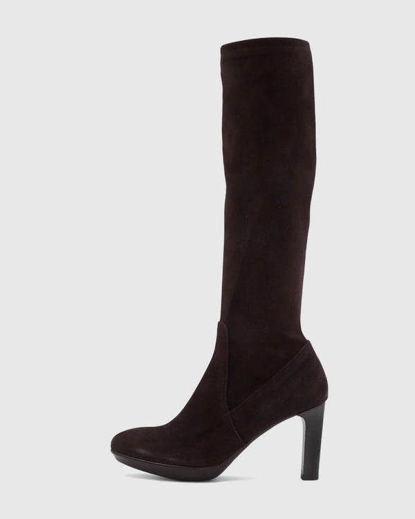 Aquatalia Rhumba Stretch Suede Boot in Chocolate Suede brown on white background