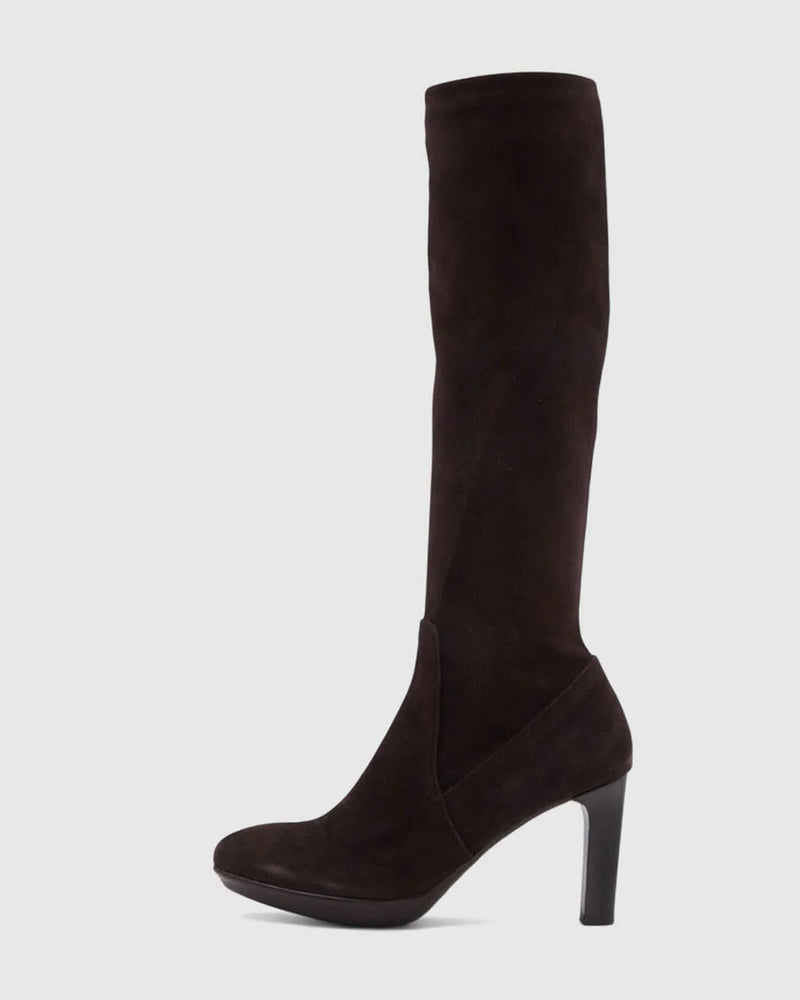 Aquatalia Rhumba Stretch Suede Boot in Chocolate Suede brown on white background