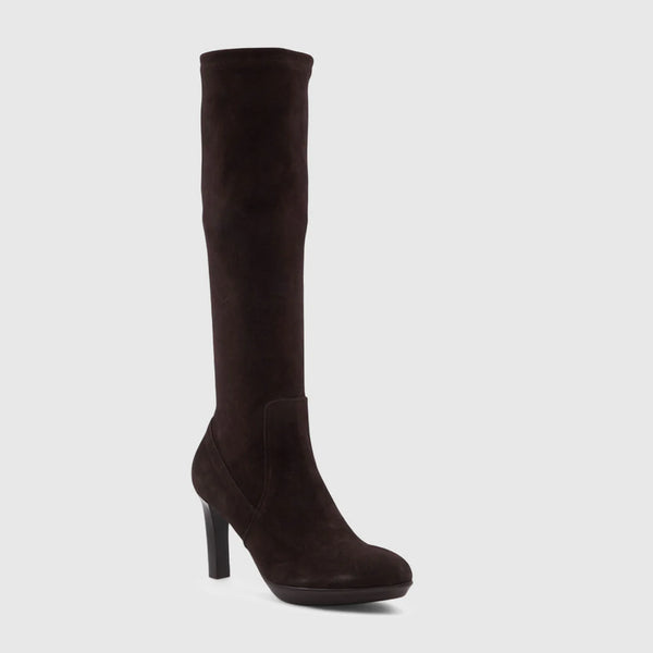 Aquatalia Rhumba Stretch Suede Boot in Chocolate Suede brown on white background