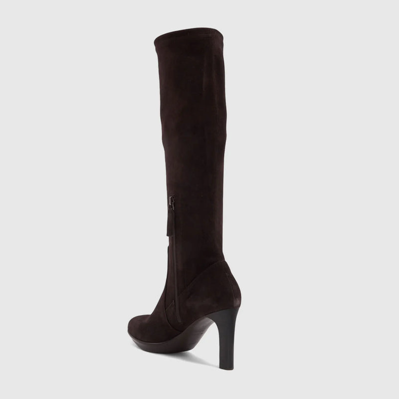 Aquatalia Rhumba Stretch Suede Boot in Chocolate Suede brown on white background well heeled vt