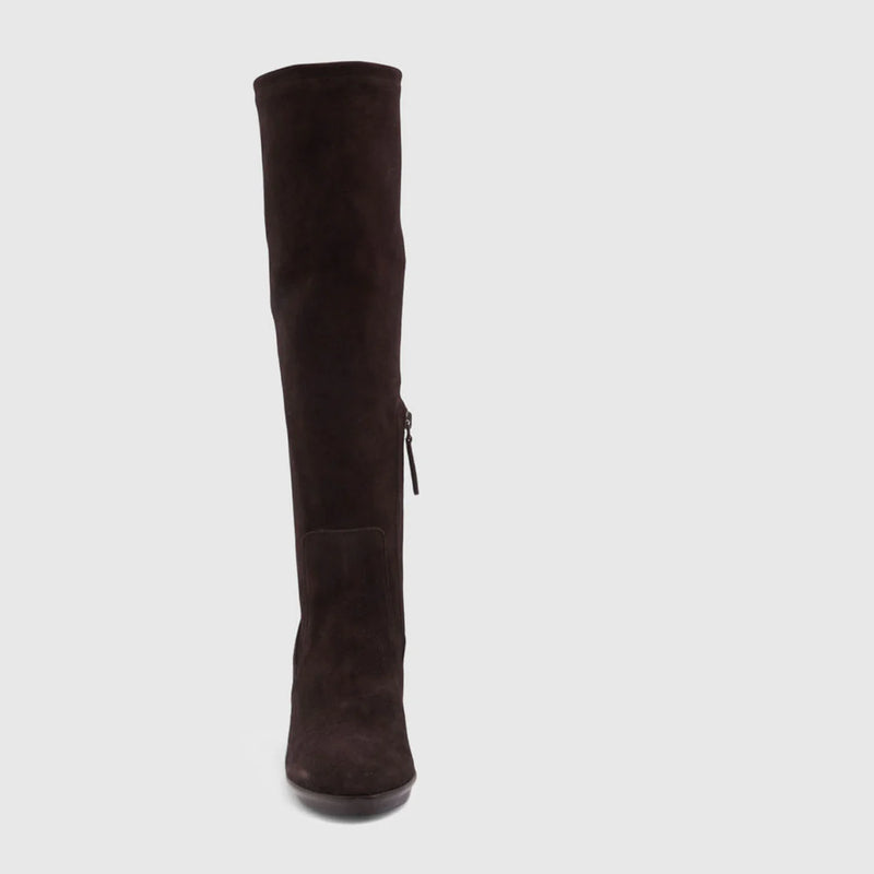 Aquatalia Rhumba Stretch Suede Boot in Chocolate Suede brown on white background