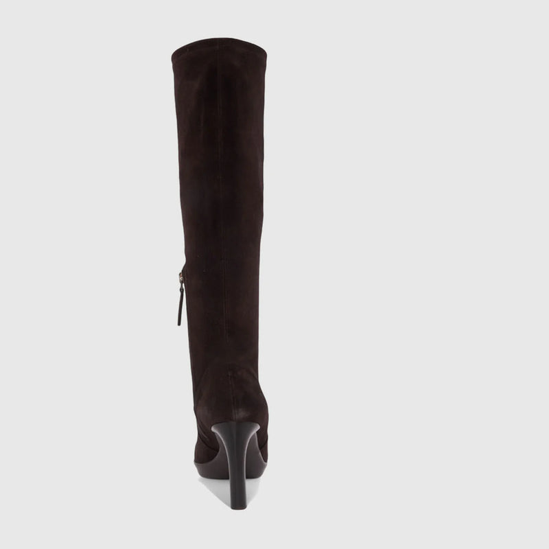 Aquatalia Rhumba Stretch Suede Boot in Chocolate Suede brown on white background