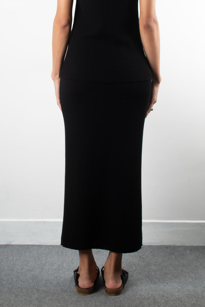 Knit Ribbed Long Skirt | Black